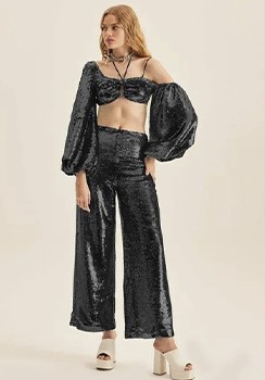 CALÇA DE PAETÊ WIDE LEG LANÇA PERFUME