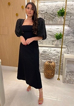 VESTIDO MIDI BRILHO NAS MANGAS AMARANTE