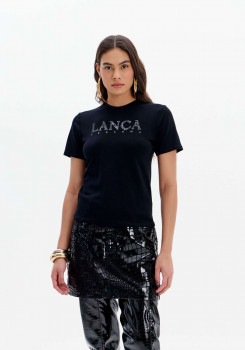 BLUSA T-SHIRT MANGAS CURTAS COM ESTAMPA FRONTAL LANÇA PERFUME