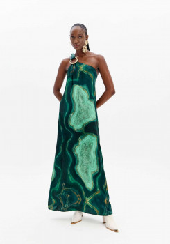VESTIDO LONGO OMBRO ÚNICO ESTAMPADO COM ARGOLA LANÇA PERFUME