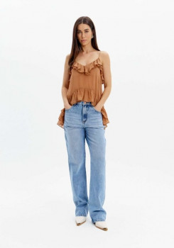 CALÇA JEANS RETA COM CINTURA ALTA E BORDADO NO CÓS LANÇA PERFUME