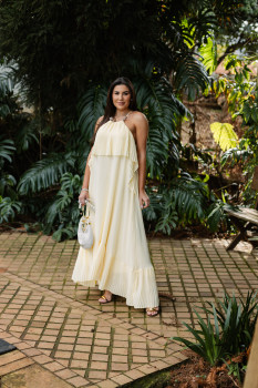 VESTIDO LONGO PLISSADO COM BABADO LANÇA PERFUME