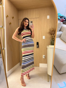 VESTIDO CANELADO SUPER MIDI ESTAMPADO LANÇA PERFUME