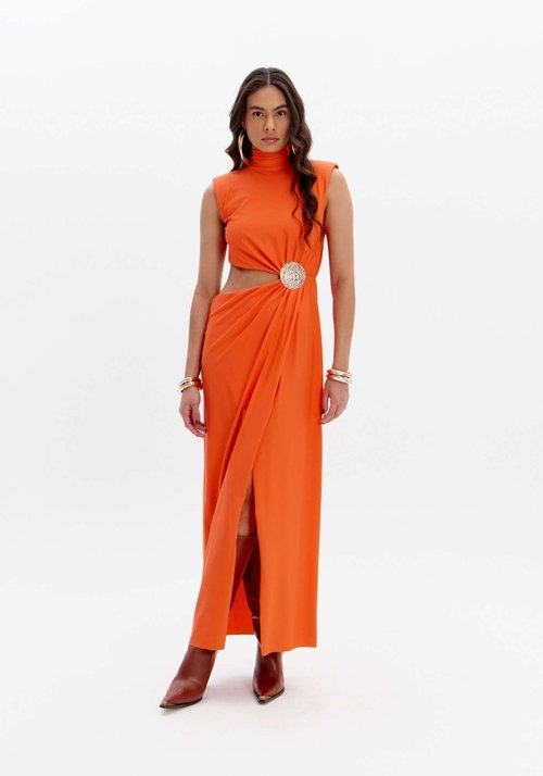 VESTIDO SUPER MIDI COM GOLA E METAL LANÇA PERFUME