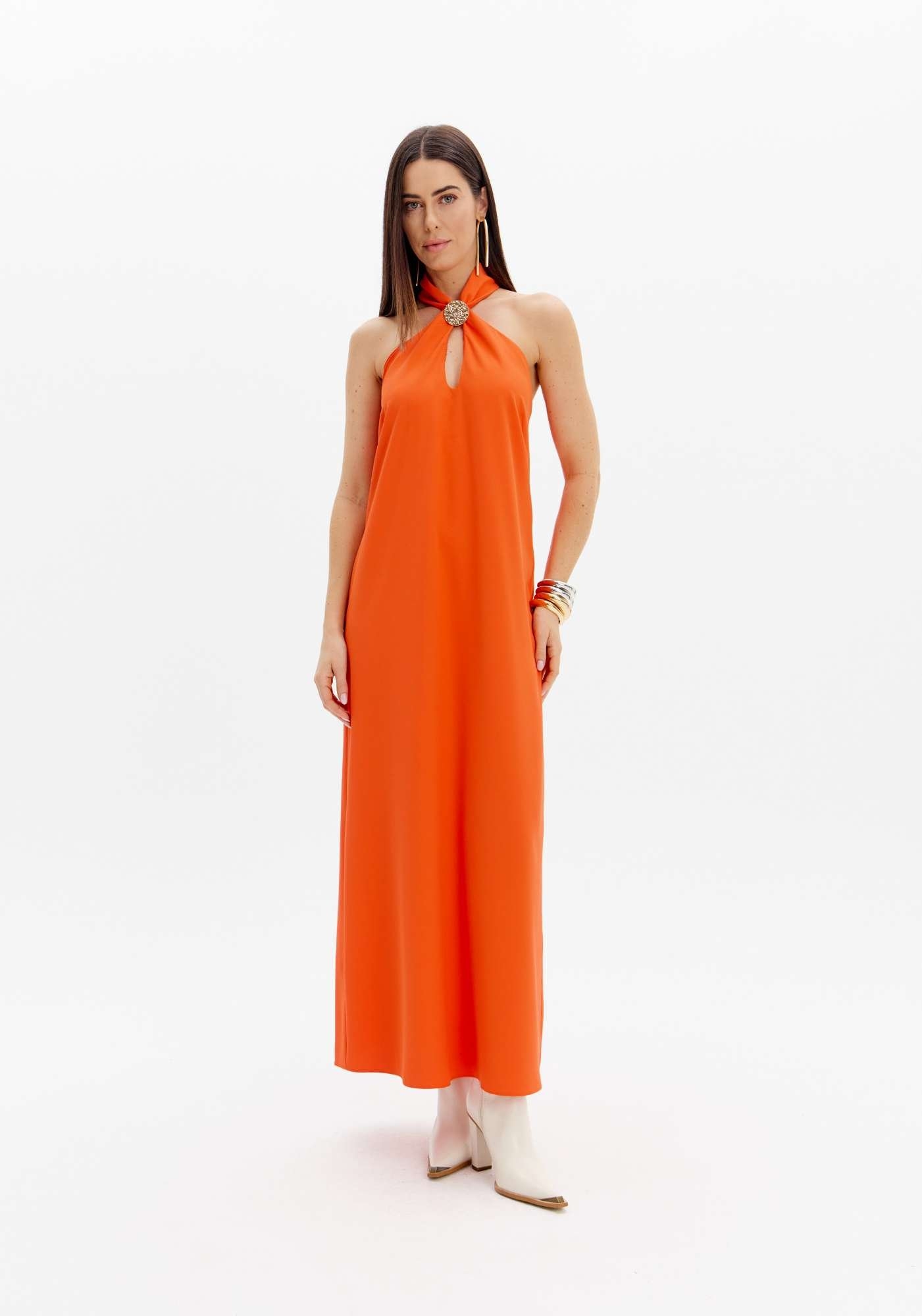 VESTIDO SUPER MIDI COM RECORTE E ENFEITE FRONTAL LANÇA PERFUME