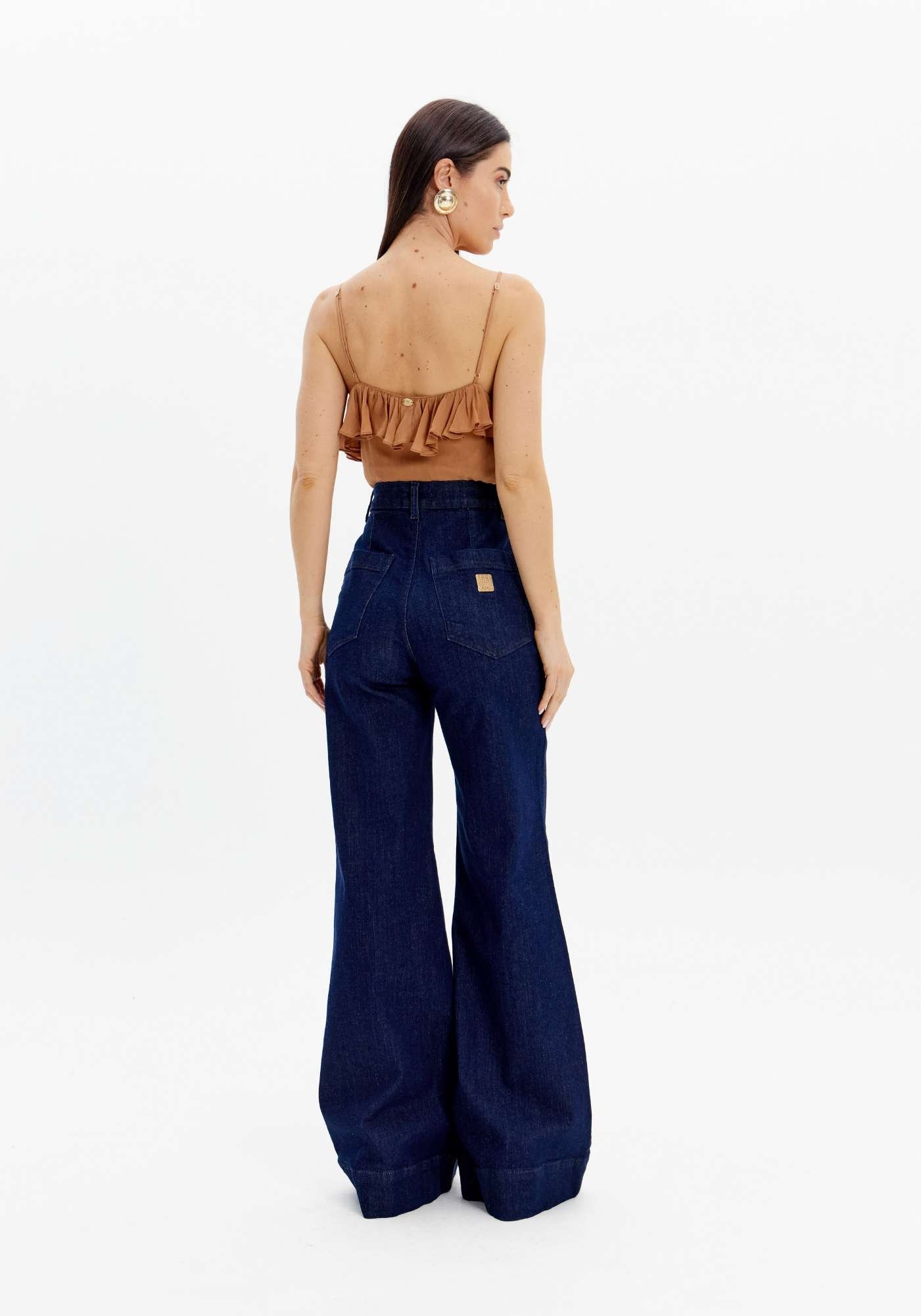 CALÇA JEANS WIDE LEG CINTURA ALTA FRISOS LANÇA PERFUME