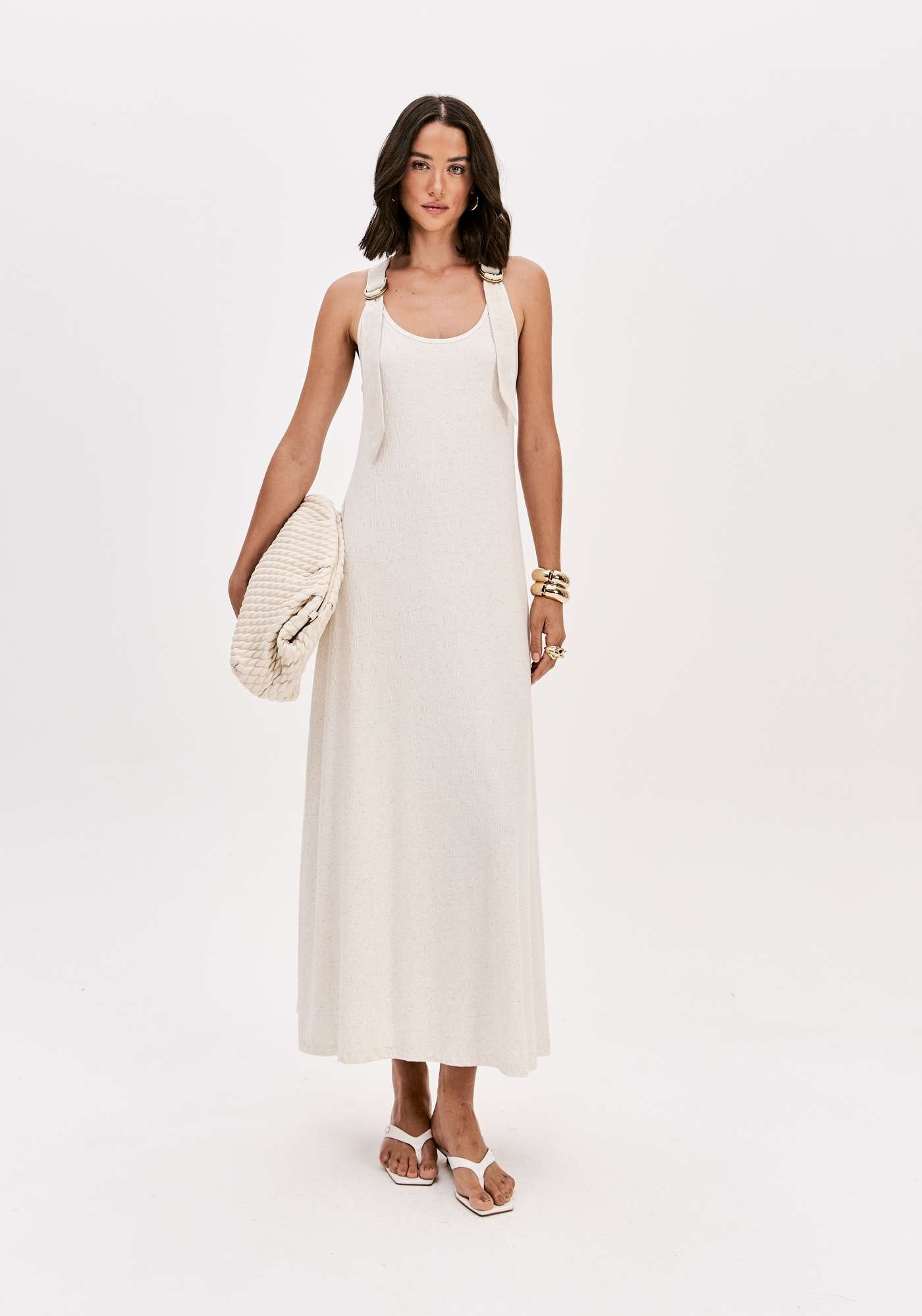 VESTIDO CANELADO SUPER MIDI COM LINHO LANÇA PERFUME