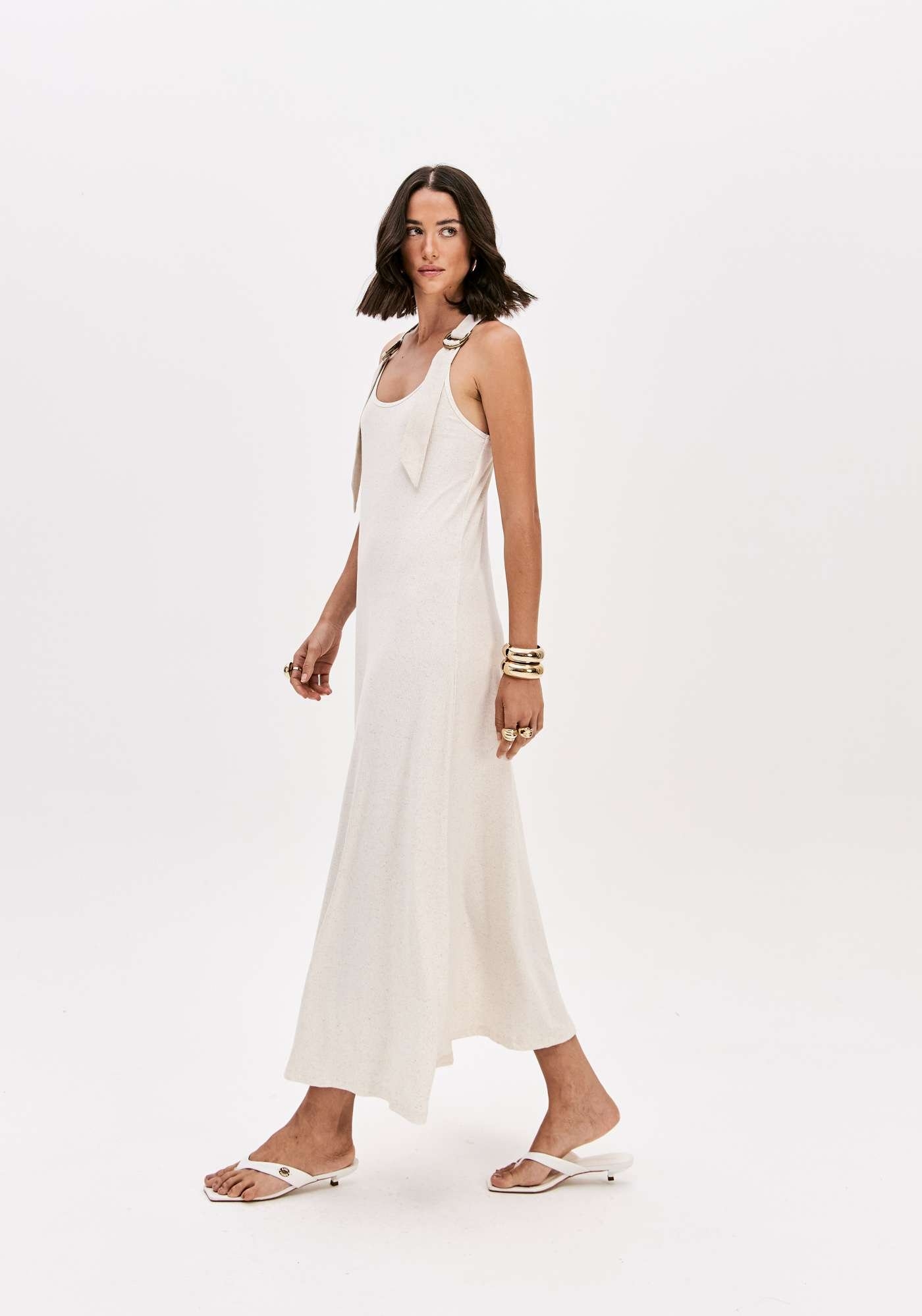 VESTIDO CANELADO SUPER MIDI COM LINHO LANÇA PERFUME