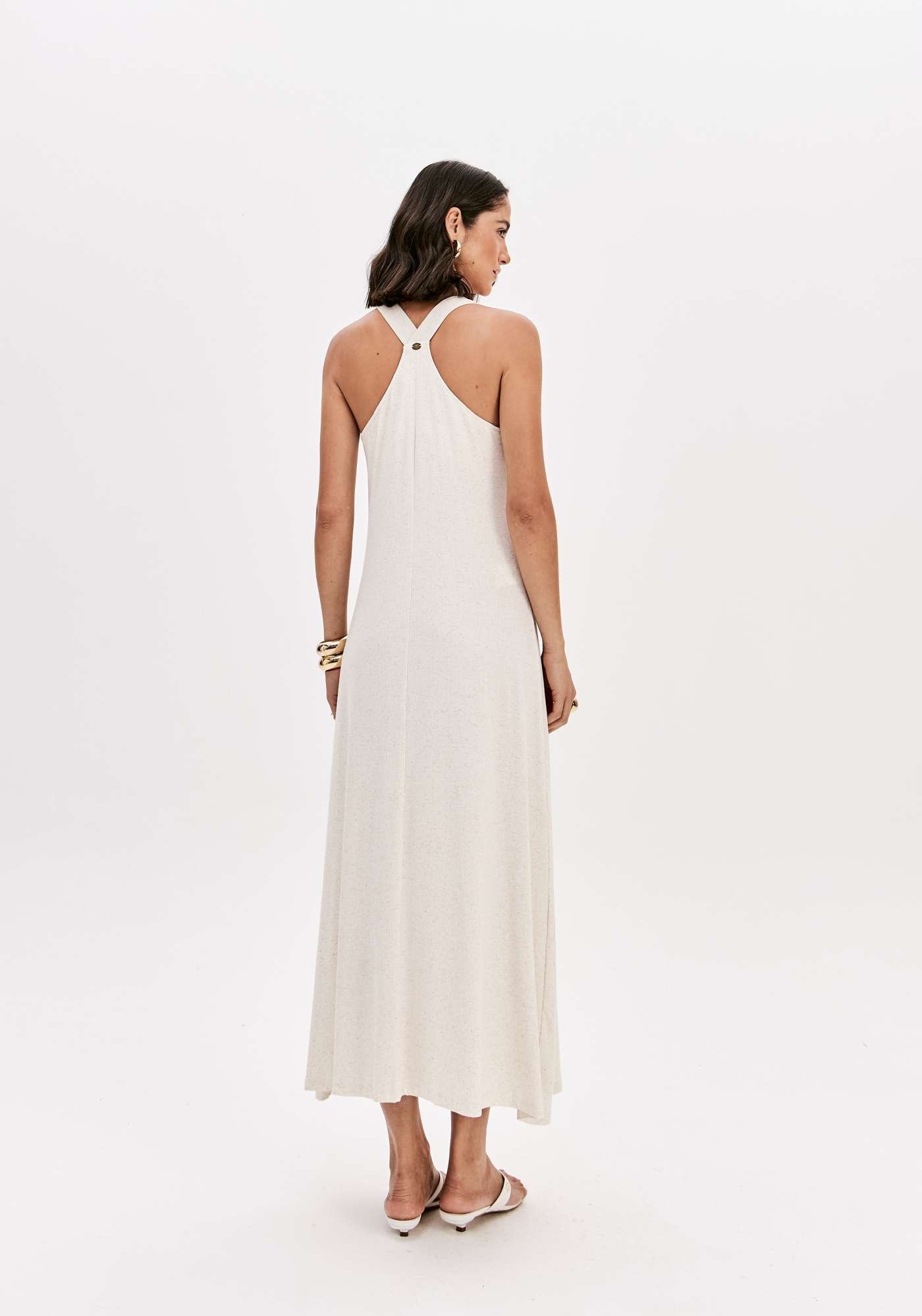 VESTIDO CANELADO SUPER MIDI COM LINHO LANÇA PERFUME