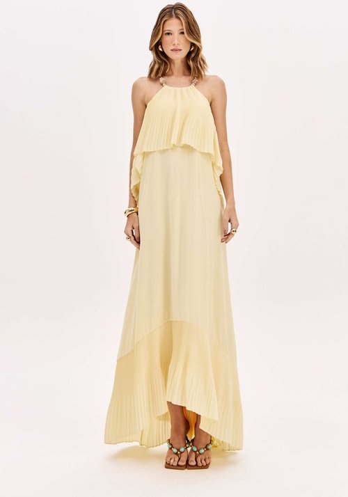 VESTIDO LONGO PLISSADO COM BABADO LANÇA PERFUME