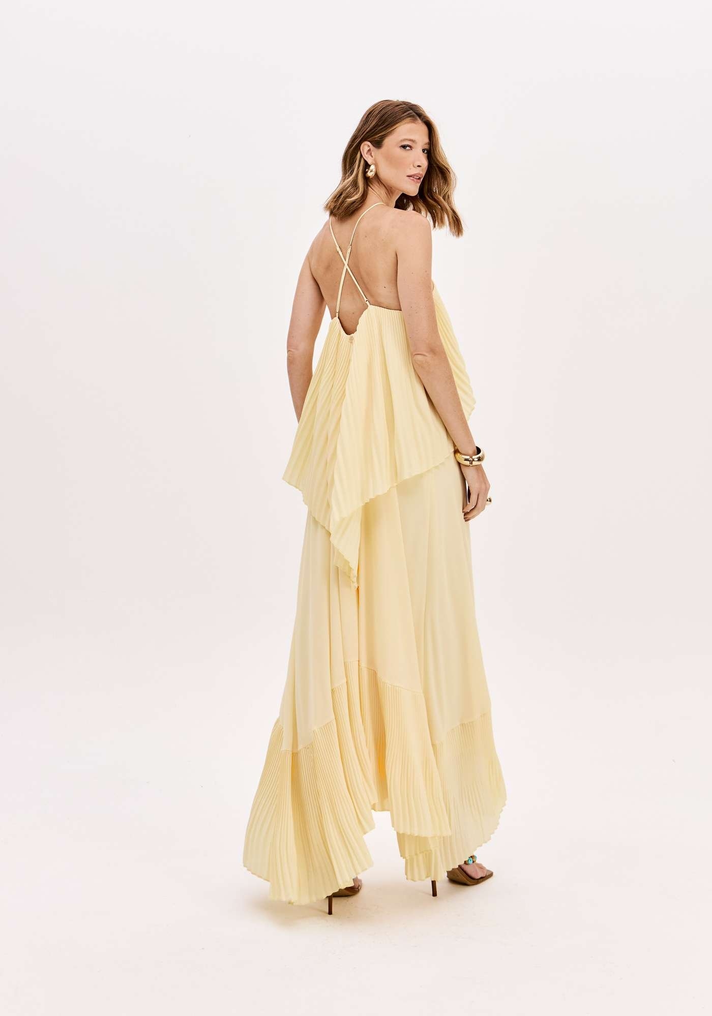 VESTIDO LONGO PLISSADO COM BABADO LANÇA PERFUME