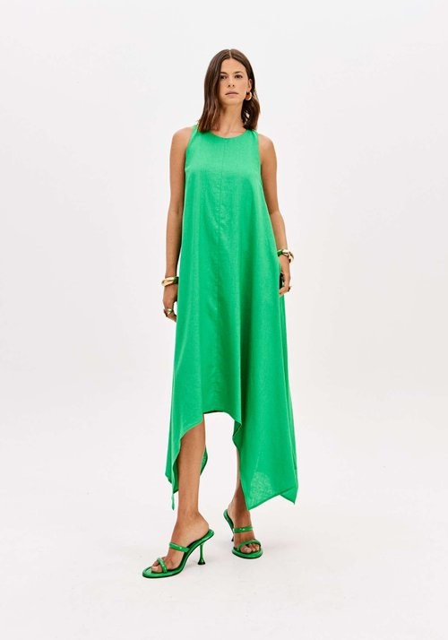 VESTIDO SUPER MIDI ASSIMÉTRICO COM LINHO LANÇA PERFUME