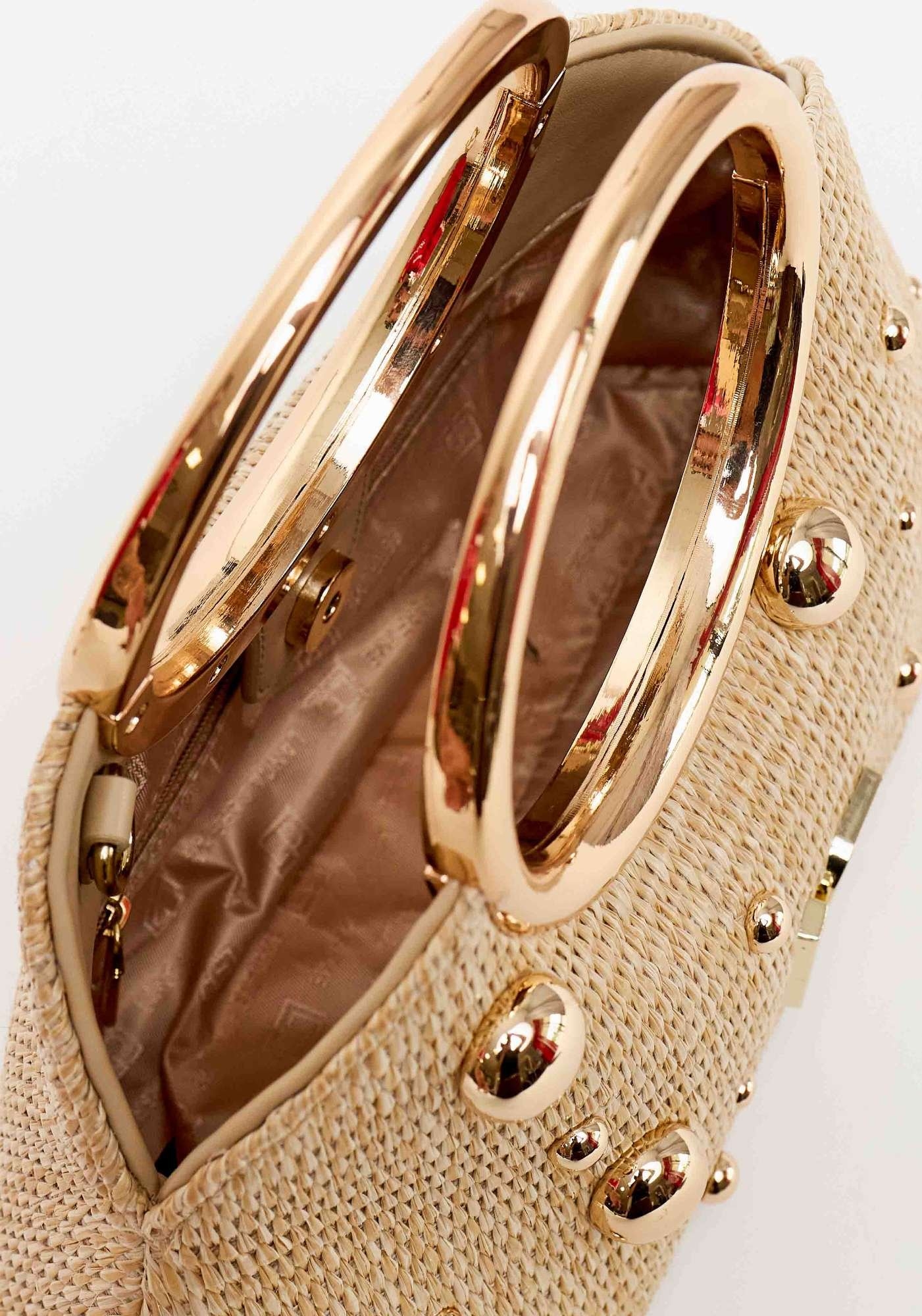 BOLSA TOTE PALHA ESFERA METALIZADA LANÇA PERFUME