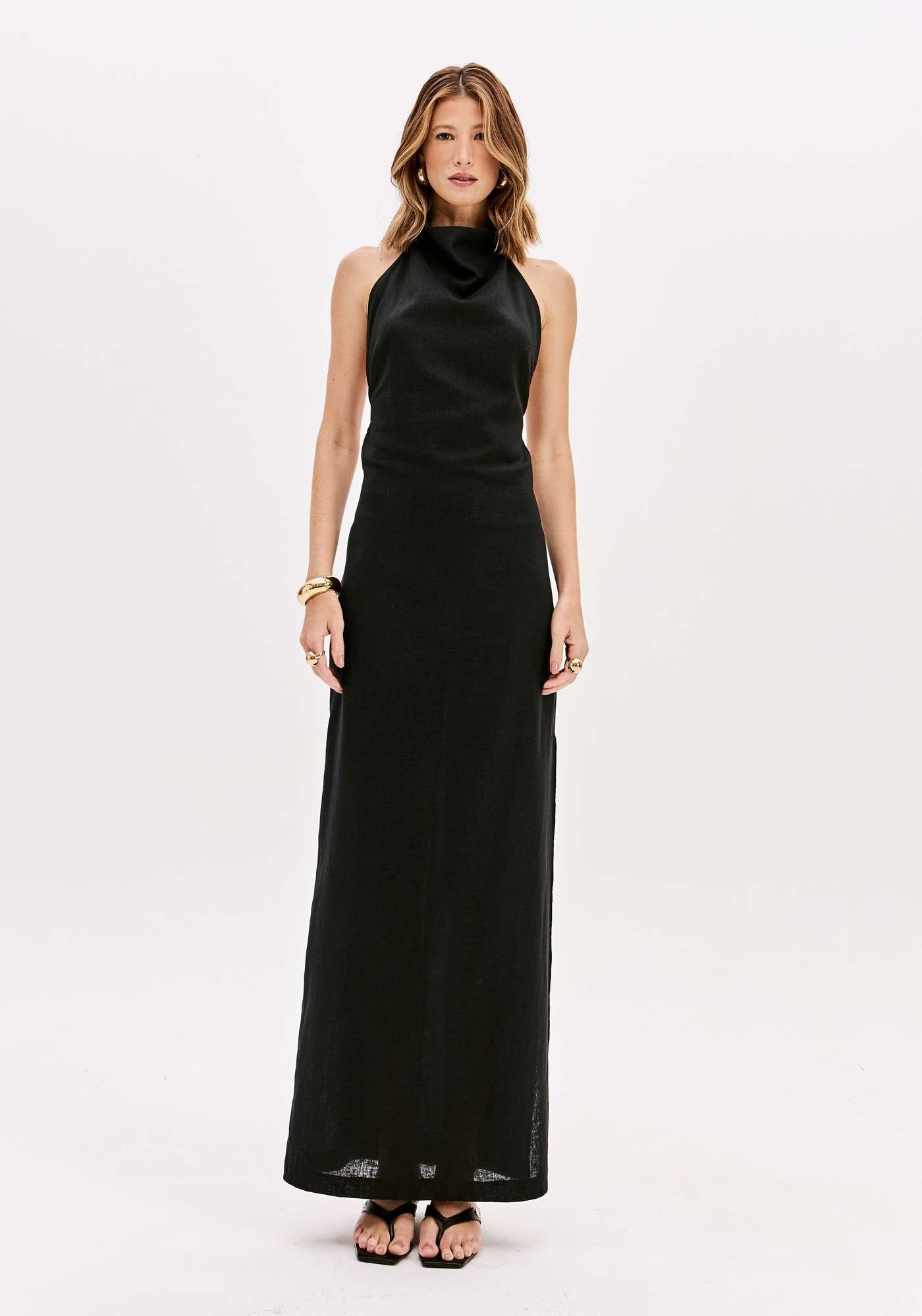 VESTIDO SUPER MIDI FRENTE ÚNICA COM LINHO LANÇA PERFUME