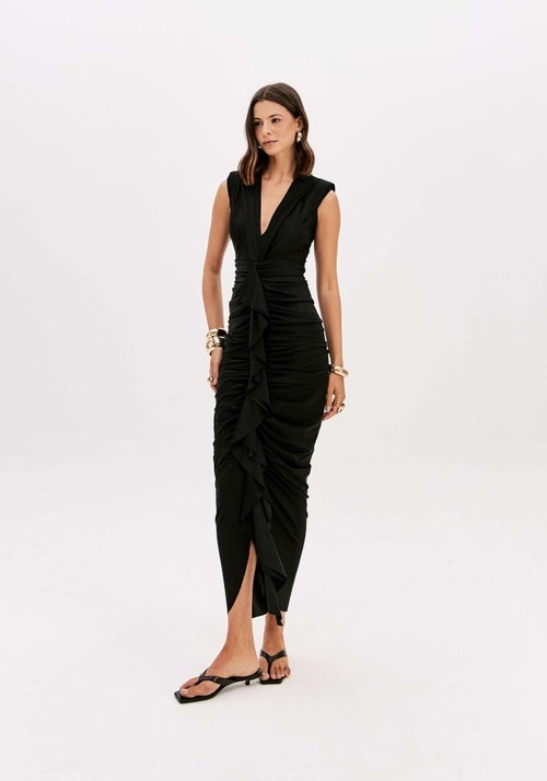 VESTIDO SUPER MIDI DRAPEADO DECOTE V LANÇA PERFUME
