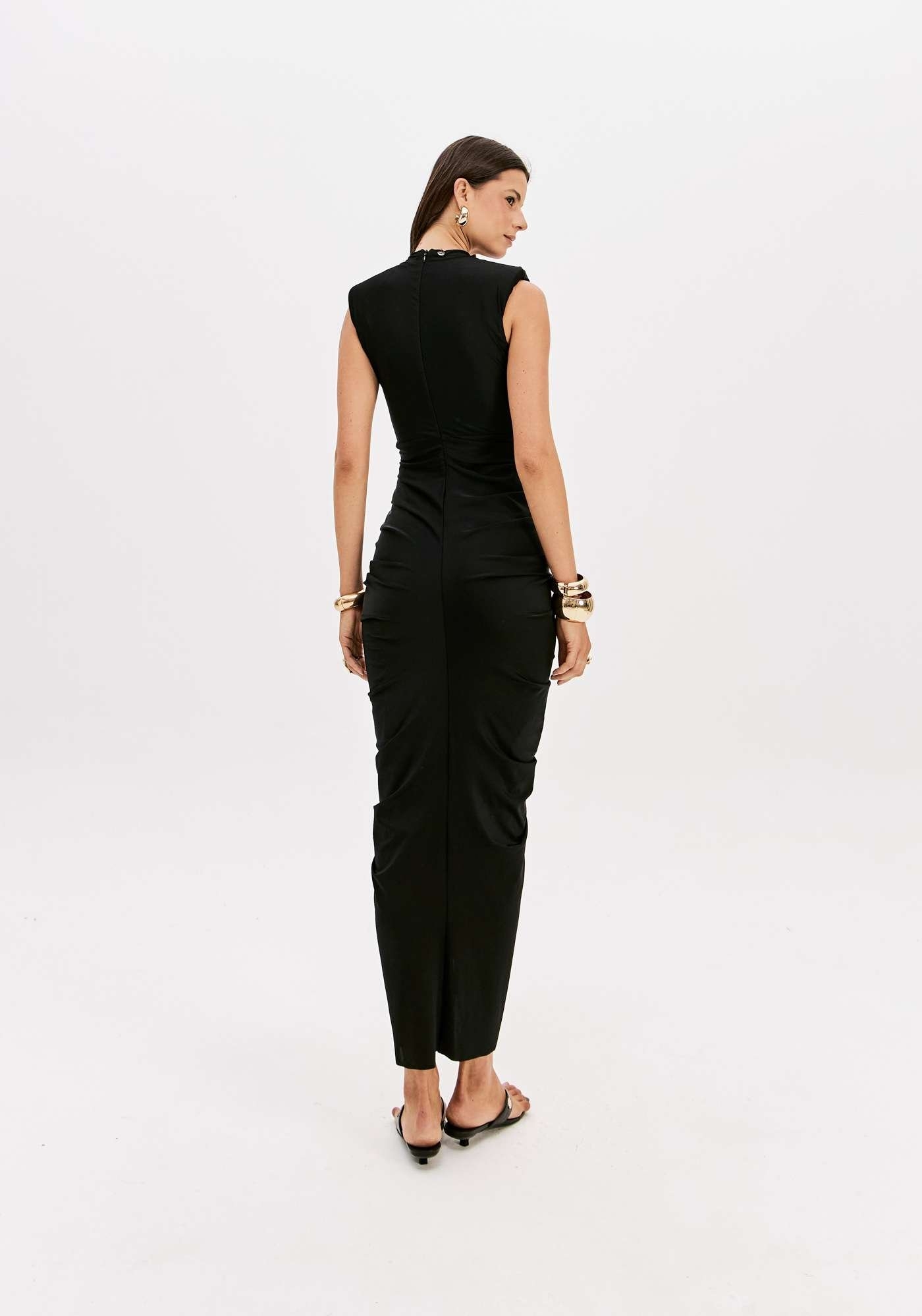 VESTIDO SUPER MIDI DRAPEADO DECOTE V LANÇA PERFUME