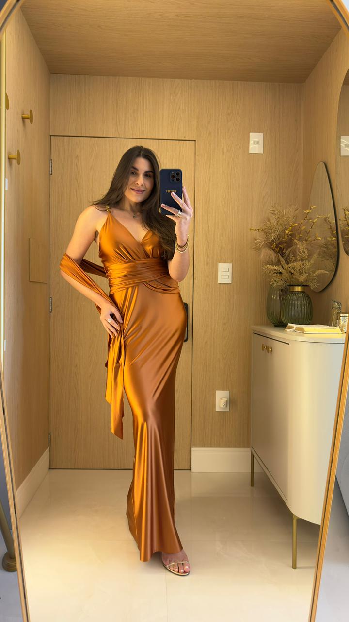VESTIDO LONGO LISO COM LENÇO CHARRY