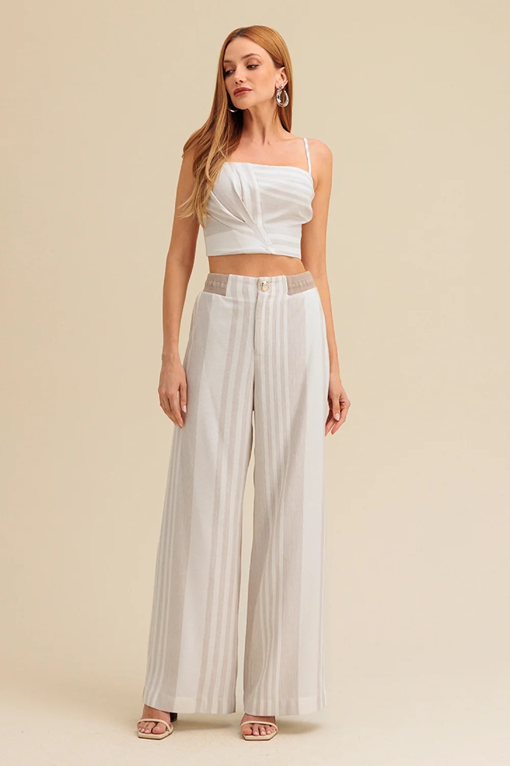 CALÇA WIDE LISTRADA COM CÓS CHARRY